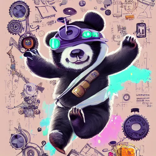 Image similar to anthropomorphic wise wealthy panda travels through time via steampunk portals, pixiv fanbox, dramatic lighting, maximalist pastel color palette, splatter paint, pixar and disney exploded - view drawing, graphic novel by fiona staples and dustin nguyen, peter elson, alan bean, wangechi mutu, clean cel shaded vector art, trending on artstation