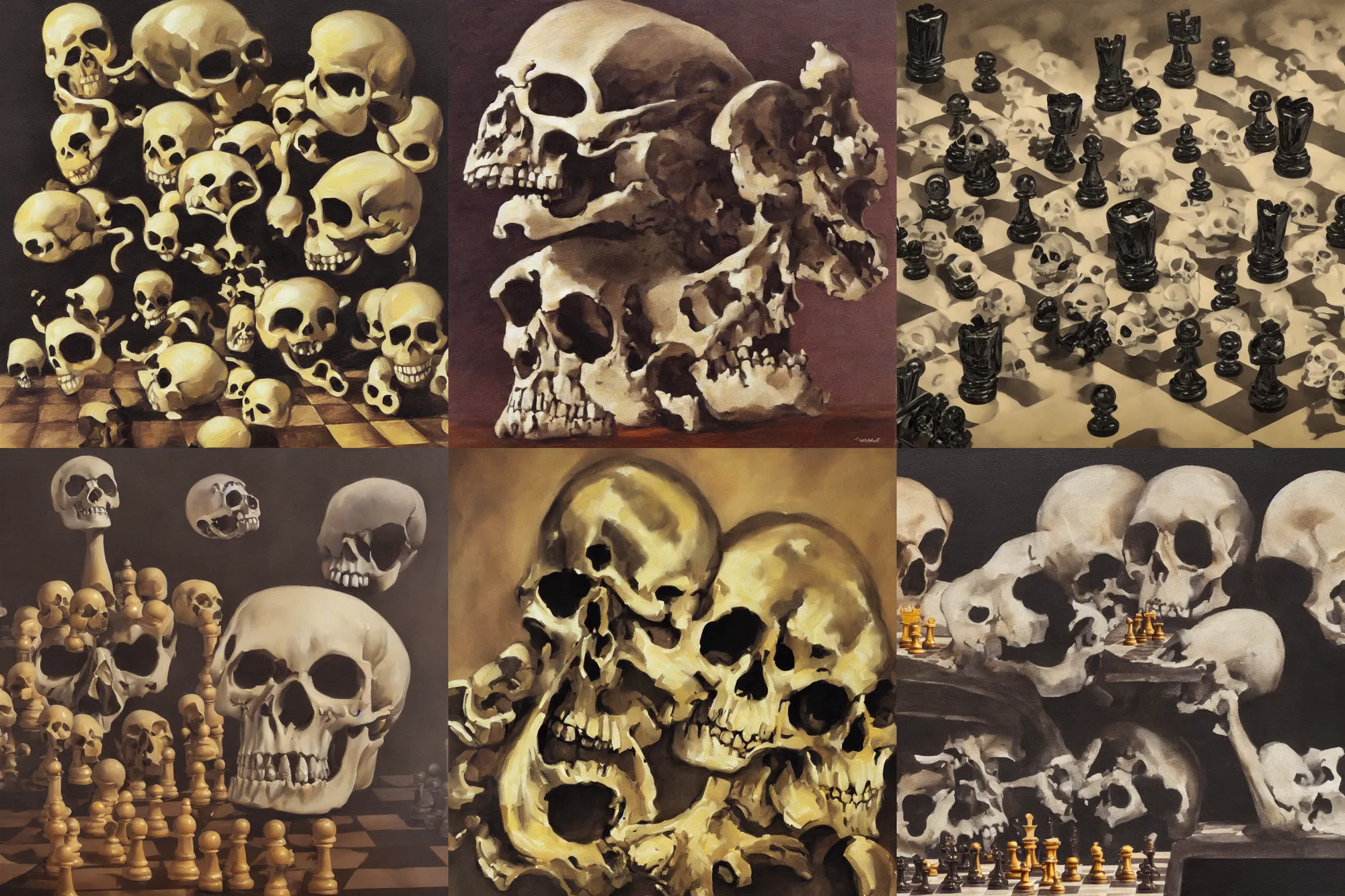 Prompt: a surreal oil painting of a skull on a chess board