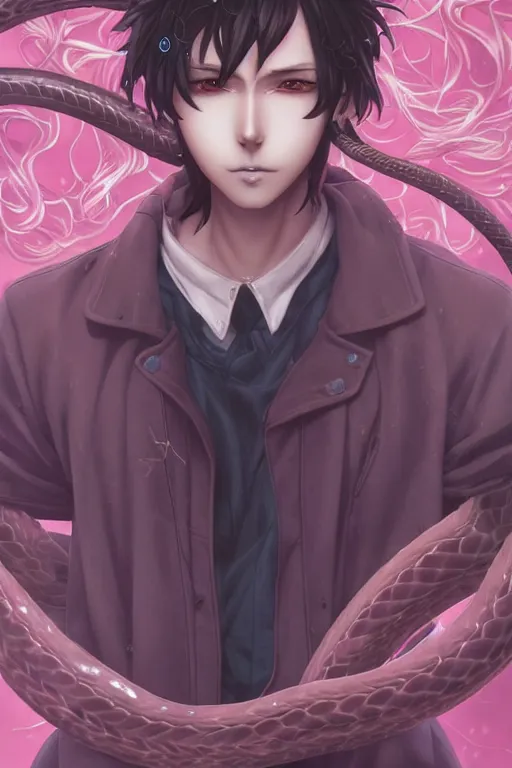 Image similar to portrait of an anime manga guy with hair order snakes, straight on, by artgerm, james jean, tom bagshaw, gerald brom, vaporwave colors, lofi colors, vaporwave, lofi, goth vibe, 4 k, smooth, hd, substance designer render, full body character concept art, symmetrical, 2 point lighting,