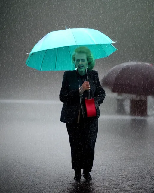 Image similar to margaret thatcher drenched in torrential rainstorm, full body, atmospheric moody hyper realistic award winning color cinematic still 8 k
