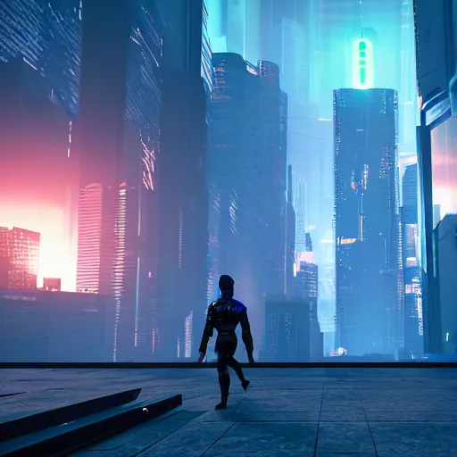 Image similar to cyberpunk landscape with a solo figure in the foreground, volumetric lighting