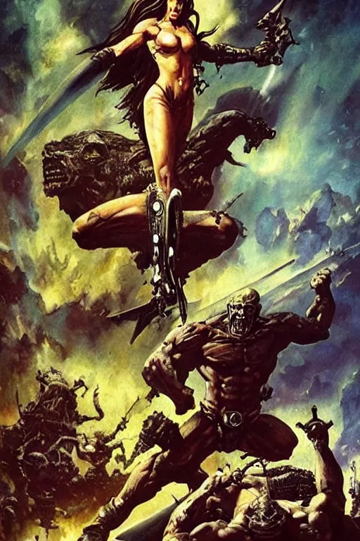 Prompt: “ an epic scene of a muscular warrior and a beautiful alien princess standing on top of a pile of corpses while fighting off mutant alien attackers, scifi painting by frank frazetta, fantasy, science fiction ”