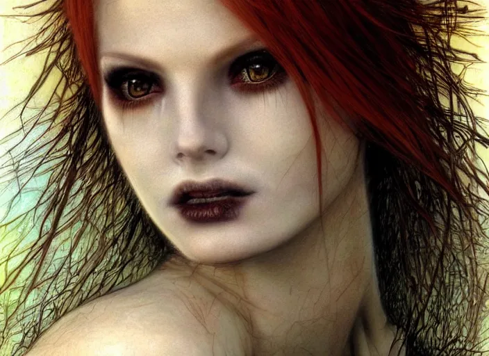 Image similar to award winning face close up portrait of a redhead in a park by luis royo and eyes by hr giger