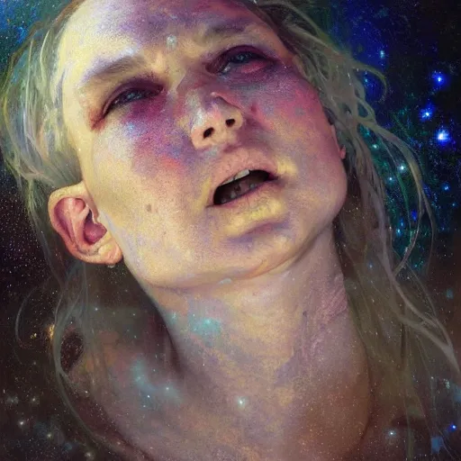 Image similar to hyperrealist portrait of an enormous glowing screaming head made of stars by jeremy mann and alphonse mucha and alan lee, fantasy art, photo realistic, dynamic lighting, artstation, poster, volumetric lighting, very detailed faces, award winning