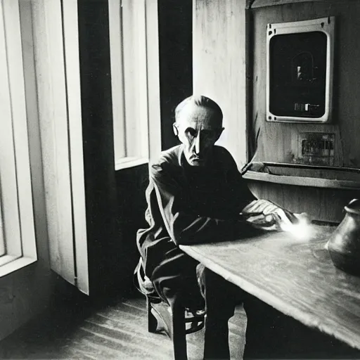 Prompt: underexposed photo of Marcel Duchamp in a room with an ancient machine, Kodachrome, Edward Weston and Gustave Doré, archival pigment print, contemporary art