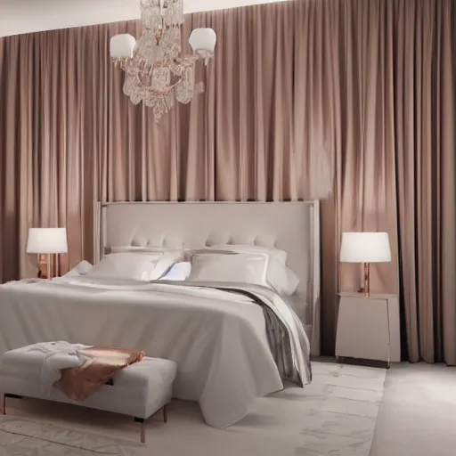 Image similar to 3 d render of white bedroom with rose gold metallic accents