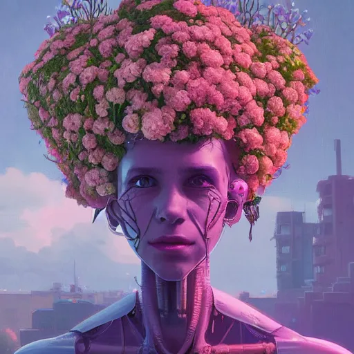 Image similar to highly detailed surreal vfx portrait of a robot with flowers growing out of its head, stephen bliss, unreal engine, greg rutkowski, loish, rhads, beeple, makoto shinkai and lois van baarle, ilya kuvshinov, rossdraws, tom bagshaw, global illumination, detailed and intricate environment