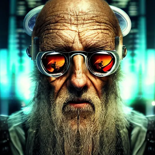 Prompt: an very old wizard is is a cyborg, half his face is technology, cyberpunk, exobiology, hyper realistic, hyper detailed, realistic picture, epic game, high angle shot, Long shot, 4k post-processing highly detailed, , 35mm, Kodachrome film, photograph