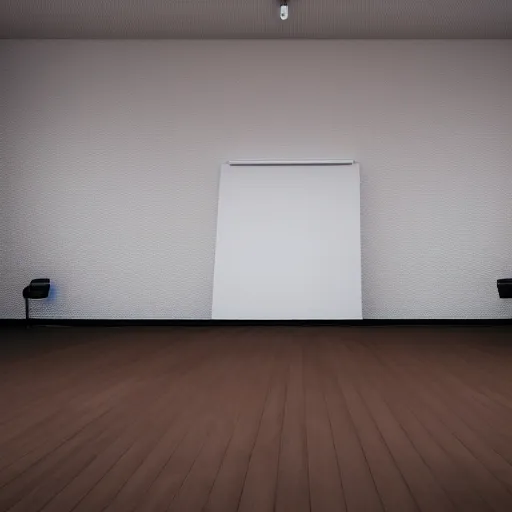 Image similar to an ultra high definition professional studio quality photograph of an empty white room with a plain white plinth in the middle of the room, a mobile phone is on top of plinth in the centre of the photograph. three point light.