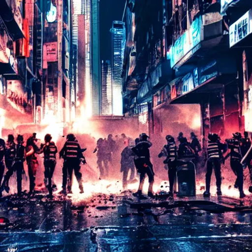 Prompt: photograph of a riot in a cyberpunk city street