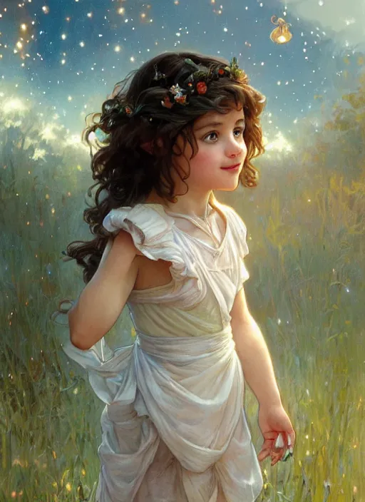 Prompt: A cute little girl with shoulder length curly brown hair with a happy expression wearing a summer dress dancing with fireflies, she is in the distance. beautiful fantasy art by By Artgerm and Greg Rutkowski and Alphonse Mucha, trending on artstation.