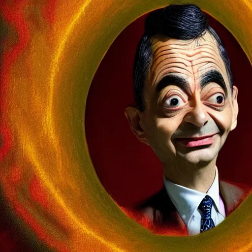 Image similar to beautiful astrotheology esoteric occult art of bionically accurate Mr Bean , award winning high resolution hyper realistic 4k 8k 16k