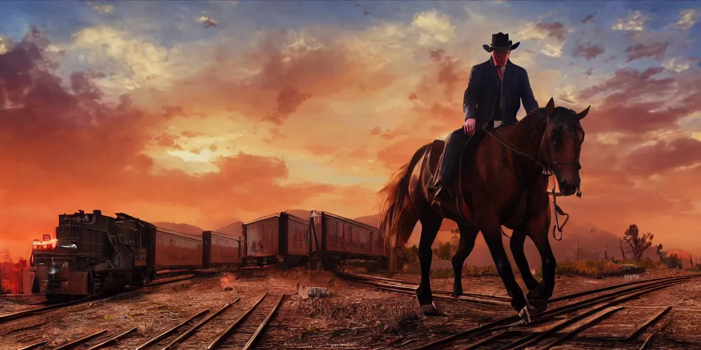 Image similar to Donald Trump from Red Dead Redemption 2 riding a horse next to a train, wide shot, ray tracing, 8k by artgerm and greg rutkowski