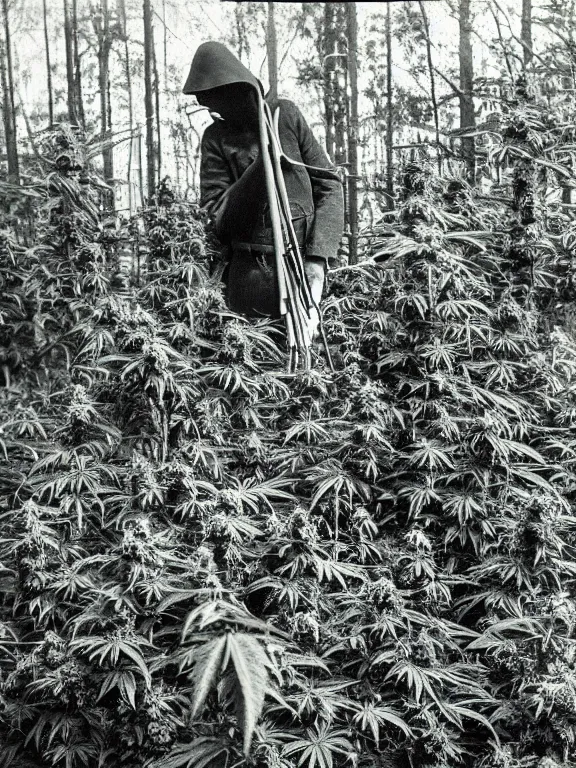 Image similar to grim reaper in cannabis forest, ww1 photo, grainy, high detail, high resolution,