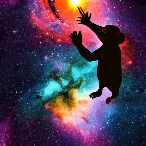 Image similar to A chimpanzee floating through outer-space, reaching out and touching a nebula with its finger, digital art, 8k