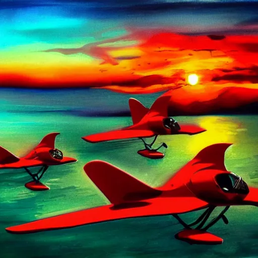 Image similar to sunrise in paradisiacal bay next to winged red panthers, art, concept art, painting