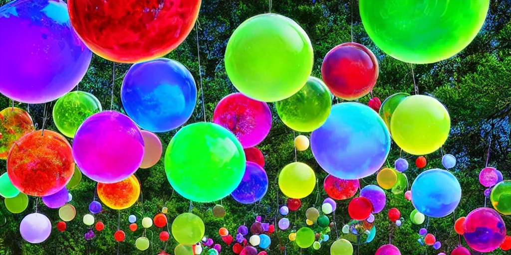 Prompt: flying saucer colorful toylike tree garden water globes, award winning art, epic dreamlike fantasy landscape, art print, science fiction, ultra realistic,