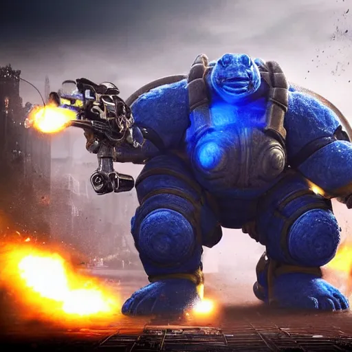 Image similar to Blastoise as Blastoise with watercannon shoulders in gears of war, splash art, movie still, detailed face, photorealistic facial features, cinematic lighting, dramatic, octane render, long lens, shallow depth of field, bokeh, anamorphic lens flare, 8k, hyper detailed, 35mm film grain