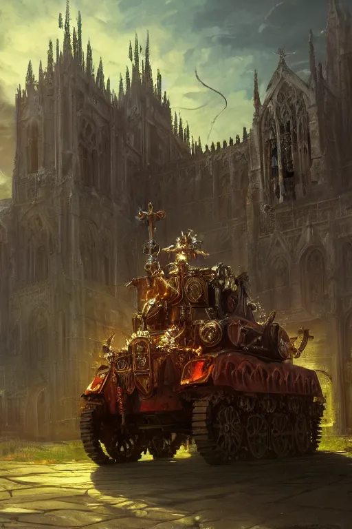 Image similar to a mobile driving ornate cathedral church mounted on a tank with chain drive, warhammer 4 0, scene in an open field. key visual, conceptart, ambient lighting, highly detailed, digital painting, artstation, concept art, sharp focus, by makoto shinkai and akihiko yoshida and kris kuksi