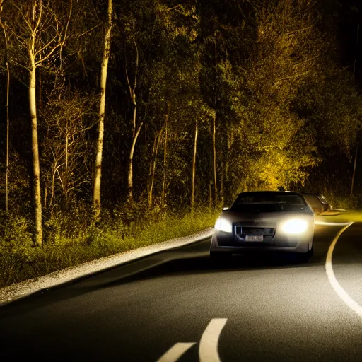 Image similar to car stopped in a road, next to forest, night time, darkness