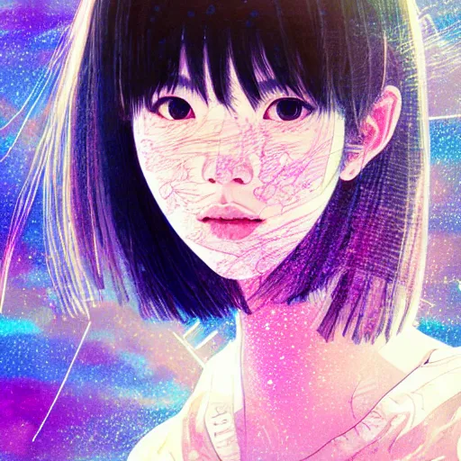 Image similar to daydreaming Nanase Nishino close-up portrait looking straight on, complex artistic color ink pen sketch illustration, full detail, gentle shadowing, fully immersive reflections and particle effects, chromatic aberration.