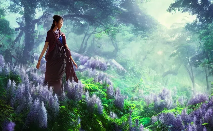 Image similar to beautiful Himalayan woman, sci-fi tibetan fashion, brown hair, somber, scene of a summer forest with glowing blue wisteria, dramatic light, wide angle, dramatic pose, dramatic angle , 8k hdr pixiv by Makoto Shinkai and Wojtek Fus