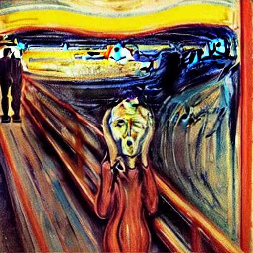 Image similar to Among Us crewmates and impostor painted by Edvard Munch