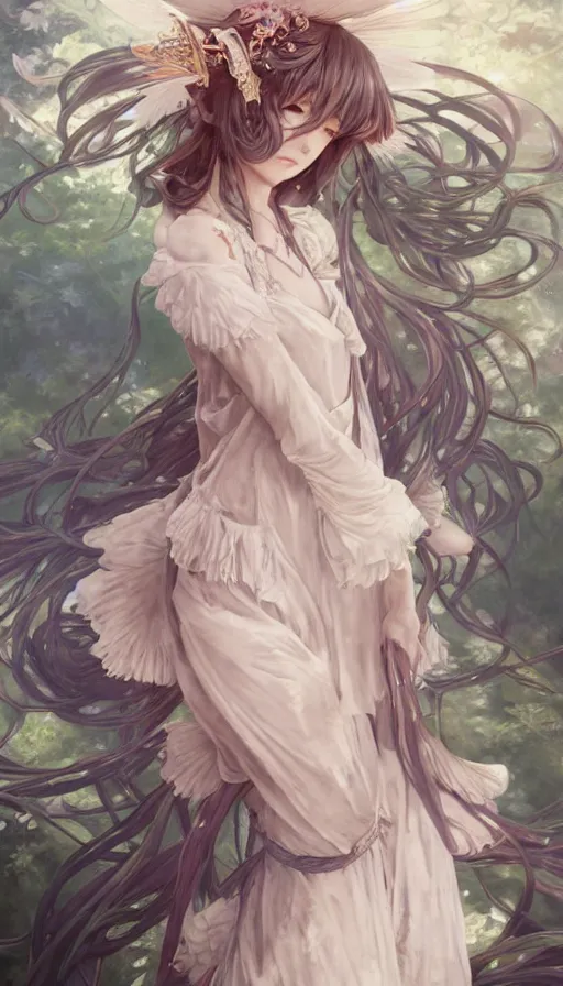 Prompt: portrait of kirisame marisa, touhou, anime art, dreamy and ethereal, expressive pose, peaceful expression, ornate frilly dress, fantasy, intricate, elegant, highly detailed, digital painting, artstation, concept art, smooth, sharp focus, illustration, art by artgerm and greg rutkowski and alphonse mucha