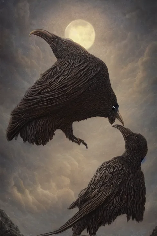 Image similar to Intricate stunning highly detailed surreal ravens by agostino arrivabene and Vladimir Kush, sculpture, ultra realistic, Horror, dramatic lighting, full moon, blood moon, thick swirling particle smoke tornado, fire embers, trending on artstation