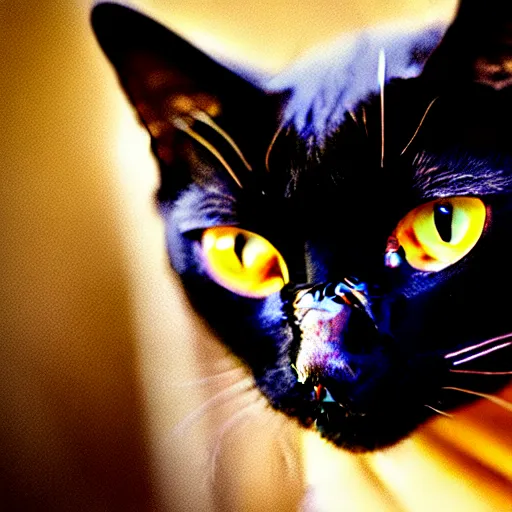 Prompt: a female black cat with red eyes and a gold crescent moon in her forehead