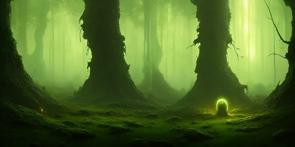 Image similar to strange alien forest, glowing fungus, misty, green glowing horizon, fireflies, ultra high definition, ultra detailed, symmetry, sci - fi, dark fantasy, by greg rutkowski and ross tran