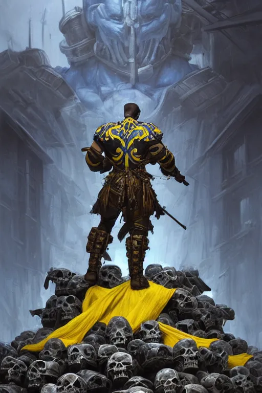 Image similar to a distant shot from behind of a Ukrainian super soldier with blue and yellow flag behind him standing alone on a huge pile of skulls as a winner, masculine muscular figure, D&D, fantasy, intricate, elegant, highly detailed, extremely detailed, digital painting, artstation, concept art, matte, sharp focus, illustration, art by Artgerm and Greg Rutkowski and Alphonse Mucha