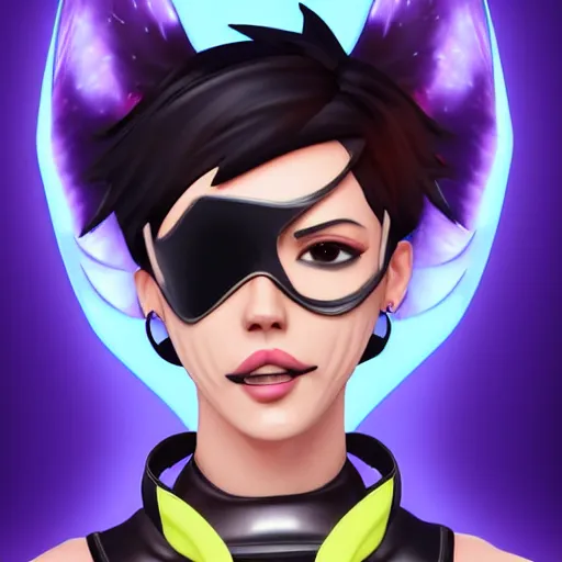 Image similar to portrait bust digital artwork of tracer overwatch, wearing black iridescent rainbow latex tank top, 4 k, expressive happy smug expression, makeup, in style of mark arian, angel wings, wearing detailed black leather collar, chains, black leather harness, detailed face and eyes,