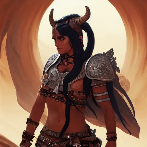 Prompt: portrait of a strong fierce female berber tiefling barbarian with devil horns and black hair in a ponytail wearing a steel chestplate in a desert, fantasy, highly detailed, digital painting, artstation, concept art, character art, art by greg rutkowski, tyler jacobson, alphonse mucha, ross tran and makoto shinkai