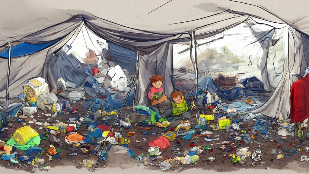 Image similar to an illustration of the inside of a messy camping tent, with a kid sitting in the corner, waste everywhere, high contrast, highly detailed, sharp focus, digital painting, illustration, trending on artstation,