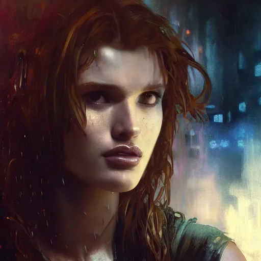 Prompt: bella thorne, hyperrealistic portrait, bladerunner street, art of elysium by frank frazetta and jeremy mann and alphonse mucha, fantasy art, photo realistic, dynamic lighting, artstation, poster, volumetric lighting, very detailed face, 4 k, award winning