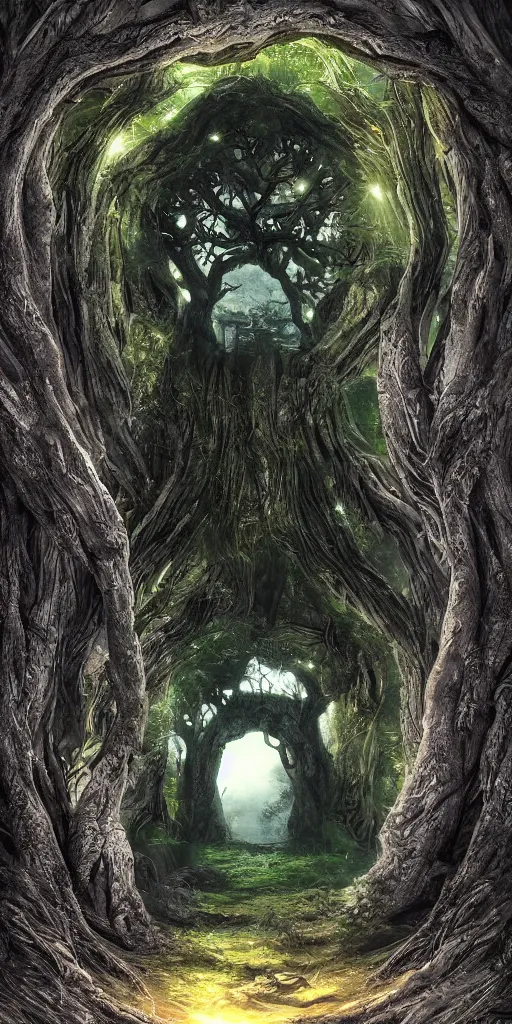 Image similar to humongous tree portal!! on a big dusky planet, spooky, sharp focus, intricate details, fantasy, hyper realism, 1 0 0 mm, art, smooth, beautiful art, masterpiece, artistic landscape, cinematic, wet reflections, ray tracing x, rtx, smooth