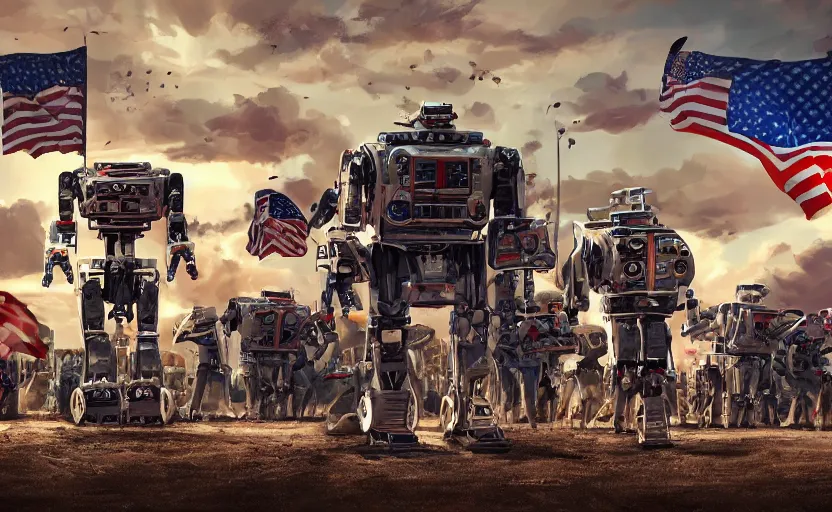 Image similar to american rednecks hail the invasion of gigantic human - like robots in maga baseball caps, artstation hq, stylized, symmetry, modeled lighting, expressive, studio photo refined, highly detailed, hyper realistic, top secret photos from military archive