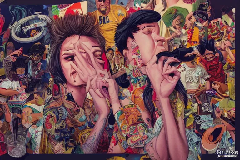 Image similar to Drunks people in bar, Tristan Eaton, victo ngai, artgerm, RHADS, ross draws