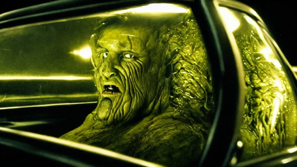 Image similar to the creature sits in a car, made of glowing wax, they look me in the eye, film still from the movie directed by Denis Villeneuve and David Cronenberg with art direction by Salvador Dalí, wide lens