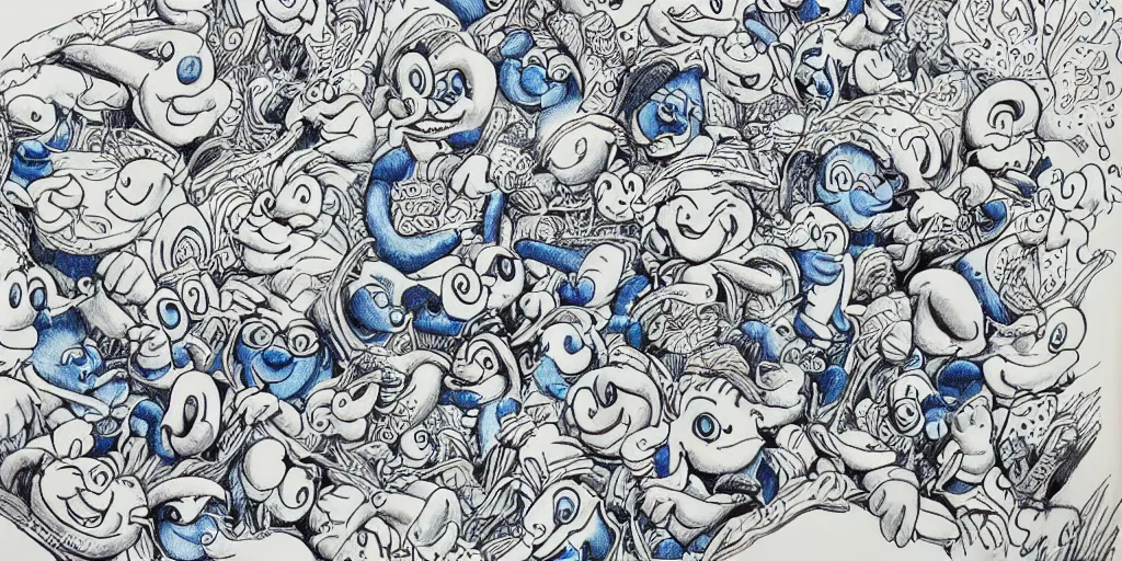 Image similar to an ultra - detailed pen drawing full of smurfs and color eggs.