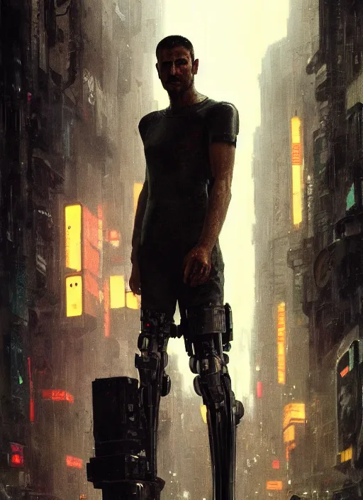 Image similar to blade runner with four robotic legs ( blade runner 2 0 4 9, dystopian, cyberpunk 2 0 7 7 character design ). orientalist portrait by john william waterhouse and james gurney and theodore ralli and nasreddine dinet, oil on canvas. cinematic, hyper realism, realistic proportions, dramatic lighting, high detail 4 k