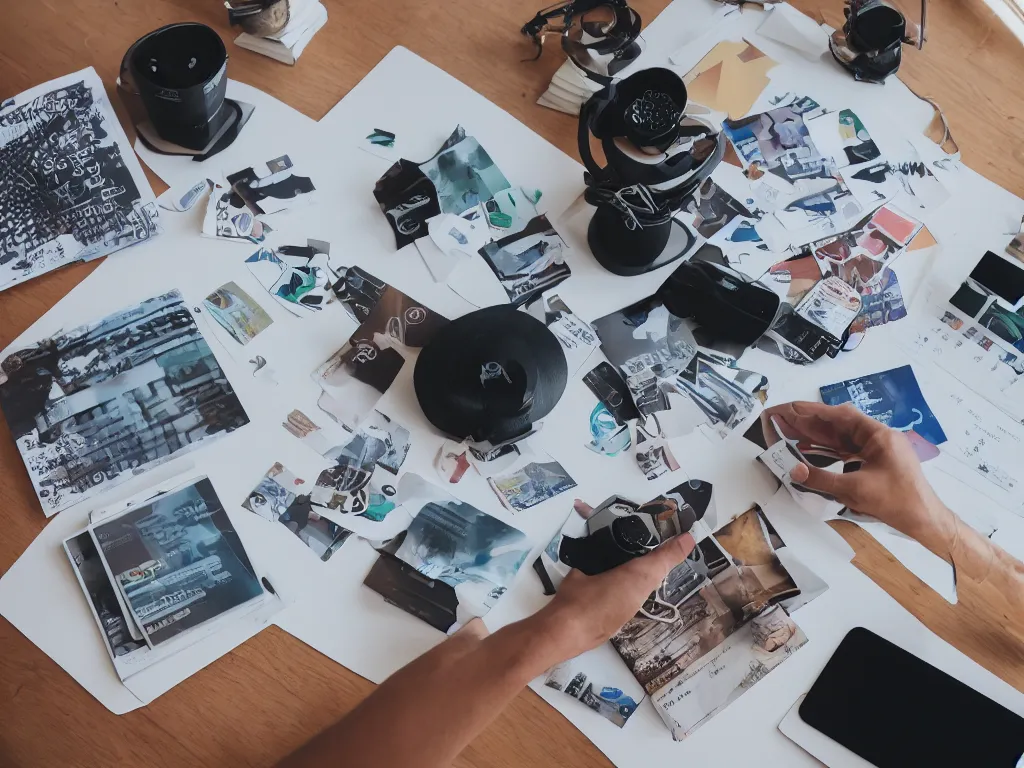 Prompt: depth of field pov candid photo of my hands reading pdfs at my floating futuristic ios hologram desk, stacks and rows of perfectly organized objects and calendar cubbies during sunrise in a cozy dappled open - air design studio, daylight vr os ux, leica 8 k still a 2 4