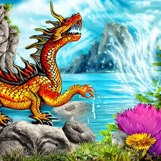 Prompt: An artistic painting with some water and rocks in the background, including a dragon surrounded by flowers