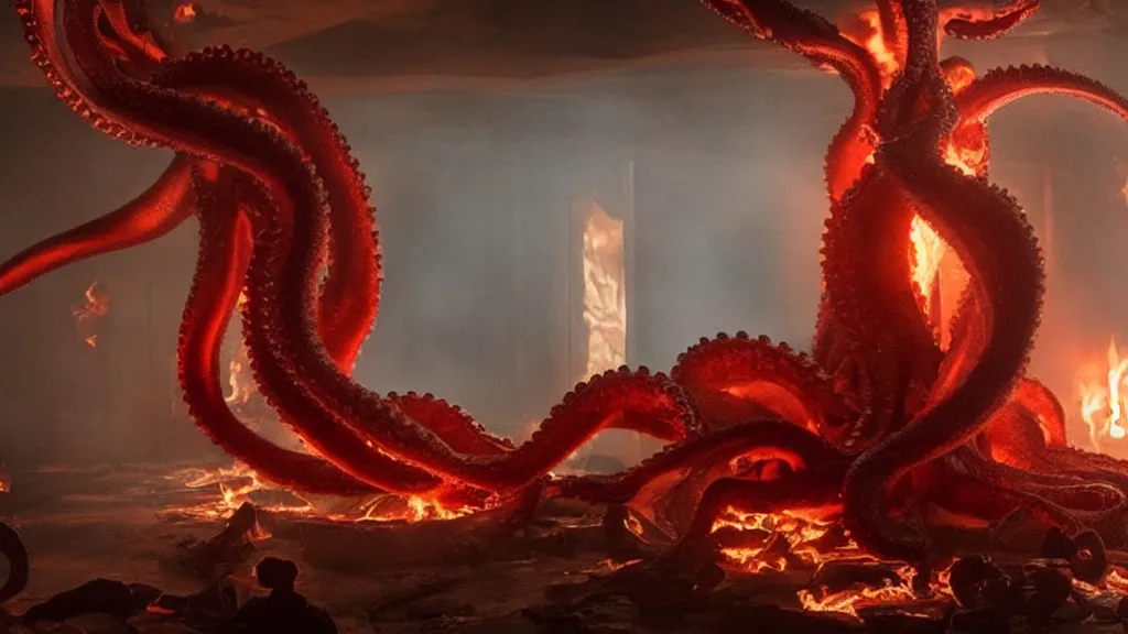Prompt: a giant octopus made of blood and fire floats through the living room, film still from the movie directed by Denis Villeneuve with art direction by Salvador Dalí, wide lens