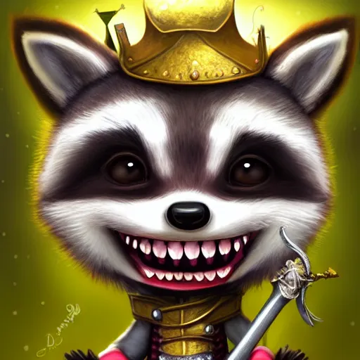 Image similar to a cute raccoon dressed as a knight, big smile, cute teeth, cute face, digital painting byRoss Tran and Mark Ryden, cute and lovely, high detail, nursery poster