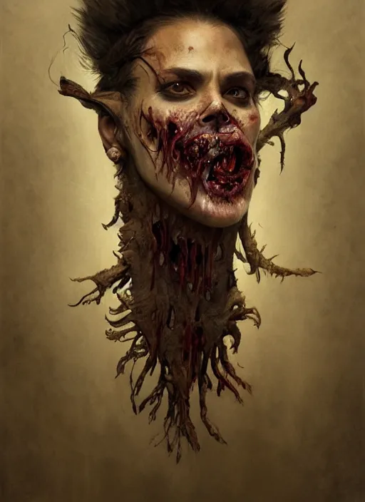 Image similar to a portrait of a zombie with its mouth and eyes sewn shut, full body, leather, hairy, d & d, fantasy, intricate, elegant, highly detailed, digital painting, artstation, concept art, smooth, sharp focus, illustration, art by artgerm and greg rutkowski and alphonse mucha