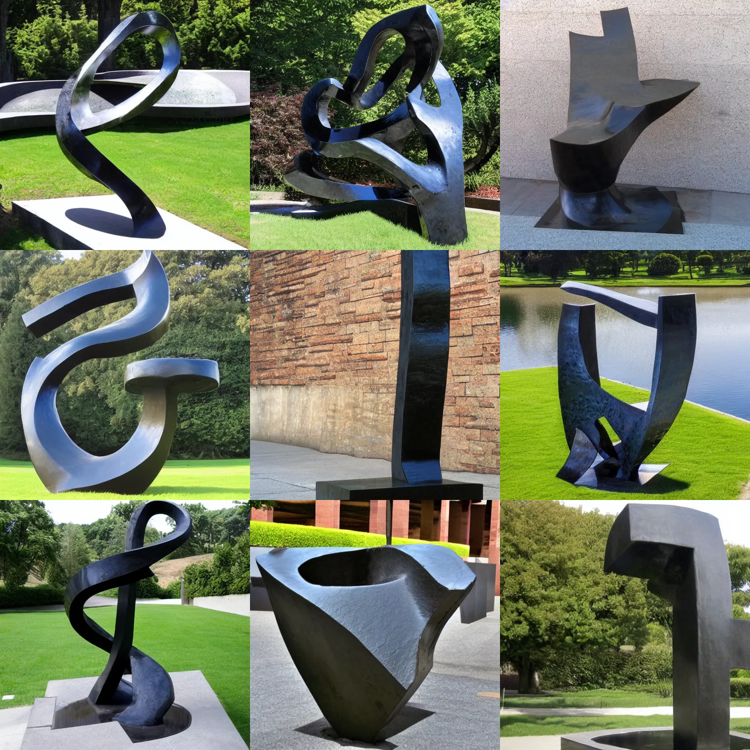 Prompt: Award-winning sculpture by Eduardo Chillida. The sculpture represents water, a liquid flowing. Made of steel, abstract style