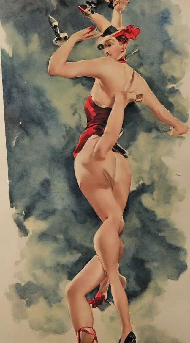 Prompt: a portrait full body pin up post war dressing a military unioform,water color, Gil Elvgren style