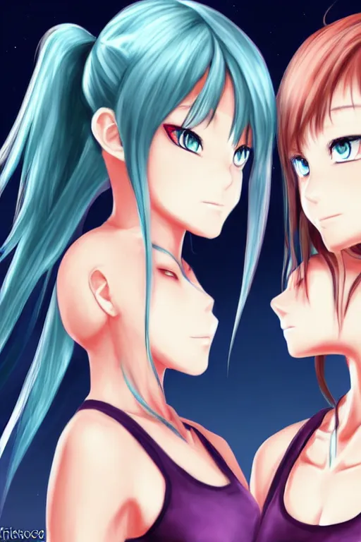 Image similar to two beautiful female fighters with pigtails facing each other, detailed anime art